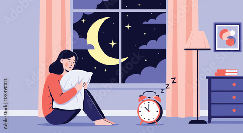 Woman with pillow sitting near alarm clock at night.