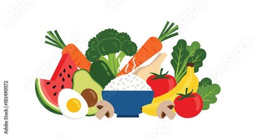 Healthy food assortment with fruits vegetables and grains.