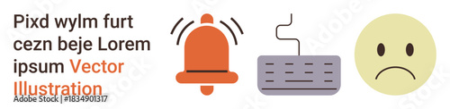 Notifications, digital alerts, user interface, online communication, emotion expressions, technology connections. A ringing bell, a keyboard and a sad face emoji. Notifications and digital alerts