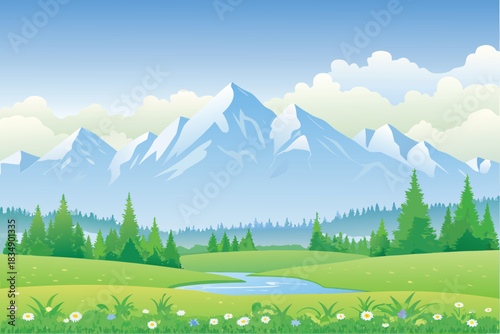 a scenic landscape featuring majestic mountains green fields and a clear blue