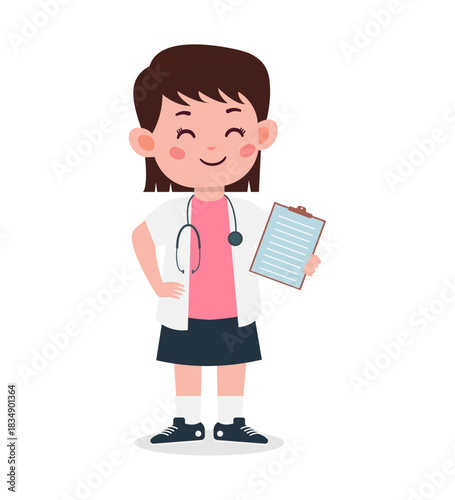 A cartoon girl in a doctor's outfit holding a clipboard and wearing a stethoscope around her neck.