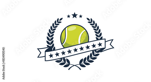 Tennis ball emblem with stars and laurel wreath design.