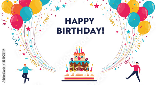 Colorful Birthday Celebration with Balloons and Cake.