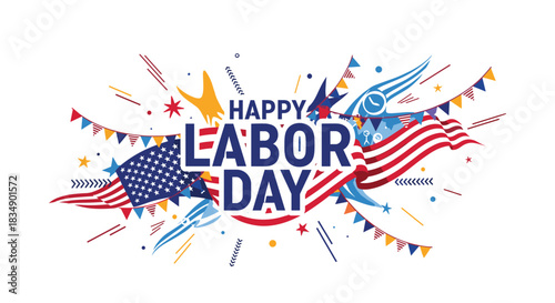 Happy Labor Day Celebration with American Flags and Decorations.