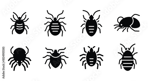 Collection of black silhouette spider and insect vector icons displayed together