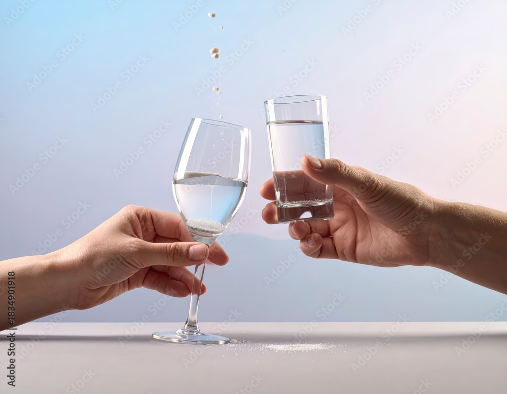 Obraz premium Refreshing water in diverse glassware held by two hands with dynamic splash effect and clean