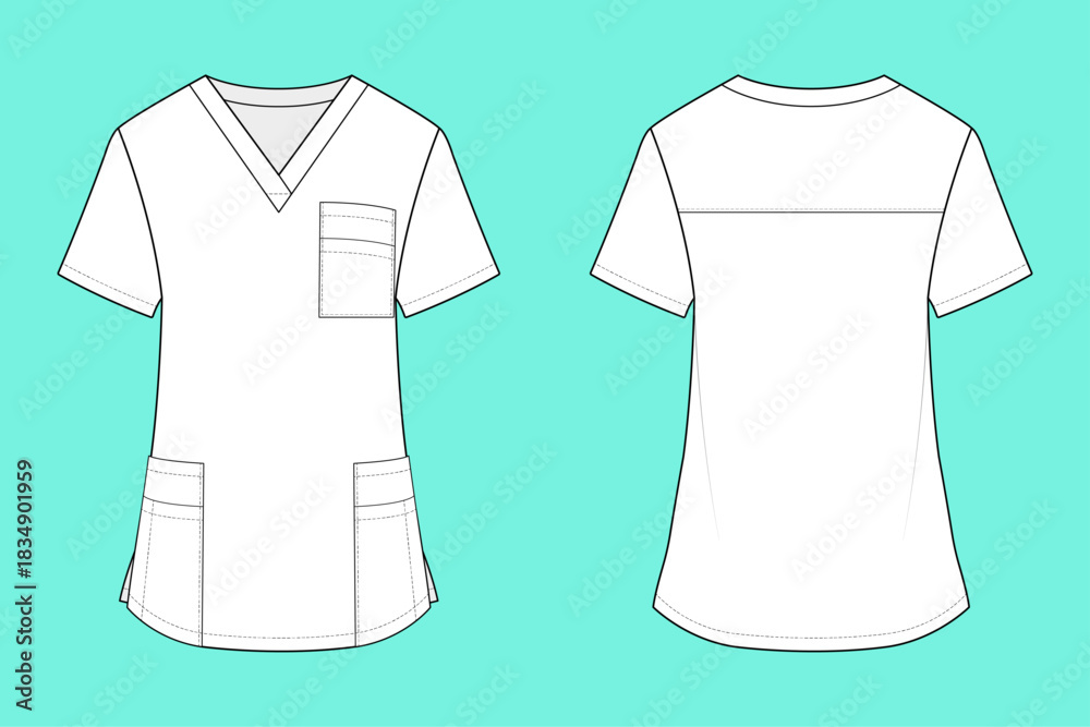 Naklejka premium V-Neck Dual Medical Scrub Top Design Apparel Technical Drawing Flat Sketch 
