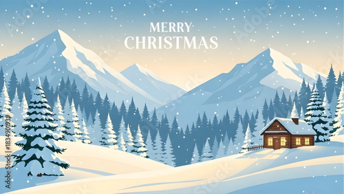 Christmas Landscape: A serene winter landscape with snow-covered mountains, evergreen trees, and a cozy cabin warmly illuminated, embodying the holiday spirit and festive season. 
