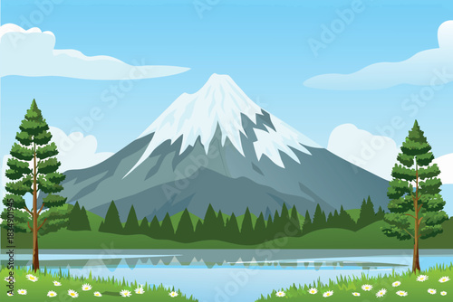 a serene landscape featuring a snow capped mountain and reflective lake high quality