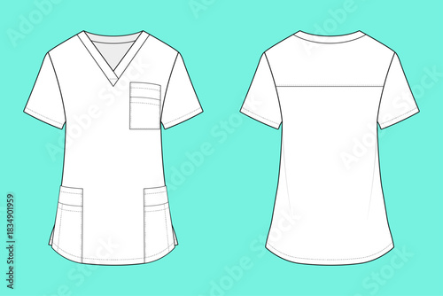 V-Neck Dual Medical Scrub Top Design Apparel Technical Drawing Flat Sketch 
