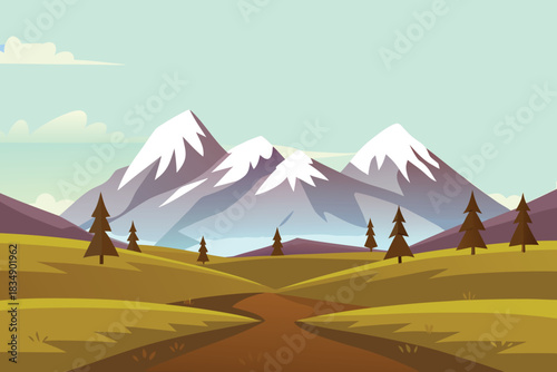 a cartoon illustration of majestic mountains and a winding path through fields