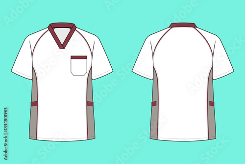 Unisex Raglan Sleeve Scrub Top with Contrast Trim Fashion Technical Sketch CAD