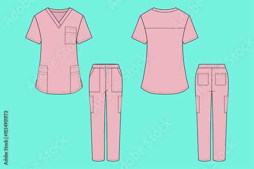 Women’s V-Neck Scrub Set Technical Flat Sketch Front and Back Views Outline