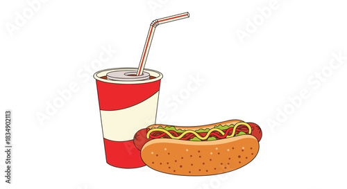 Delicious hotdog and soda combination for a quick meal.