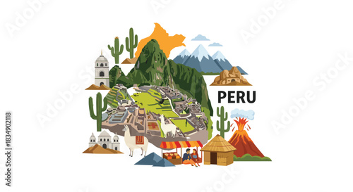 Colorful illustration of Perus diverse landscapes and cultural heritage.