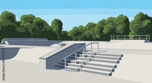 Skatepark scene with ramps and stairs under a blue sky.