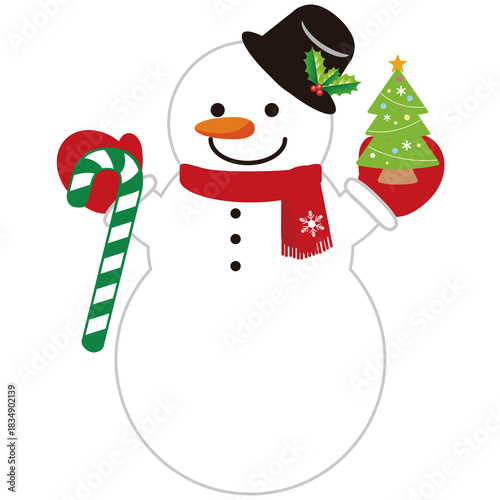 Cute Snowman Character with Christmas Tree and Candy Cane Illustration