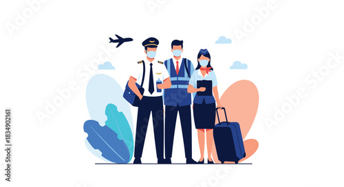 Airline crew members wearing masks ready for travel.