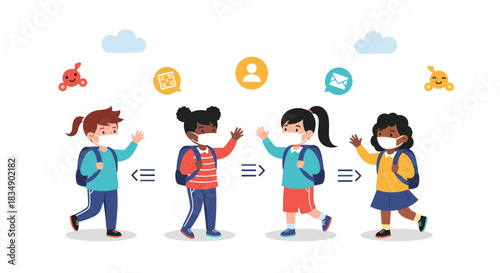 Children wearing masks and practicing social distancing in school.