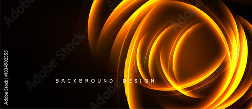 Abstract orange swirls over black background. Dynamic light effects create modern design element. Smooth curves suggest movement, energy.