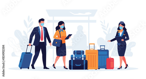 People wearing masks at the airport with luggage and staff.