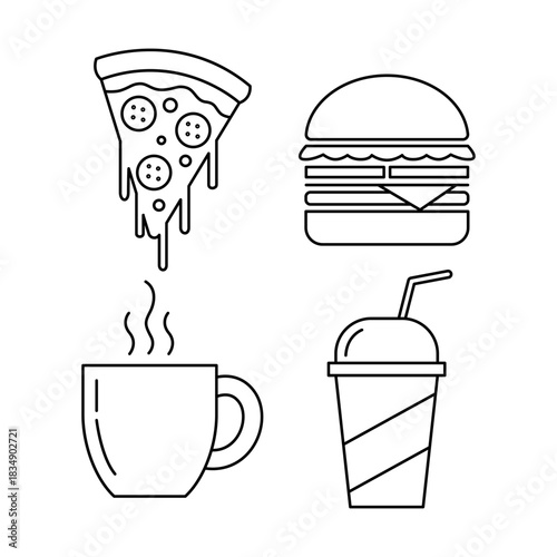 Delicious Food and Drink Icons Pizza, Burger, Coffee, and Soda. Ideal for Menu Designs, Culinary Projects, and Restaurant Branding