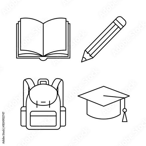 Education Essentials Vector Line Art of an Open Book, Pencil, Backpack, and Graduation Cap for Academic Success