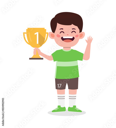 A cartoon boy in a green shirt holds a trophy and waves with a smile on his face.