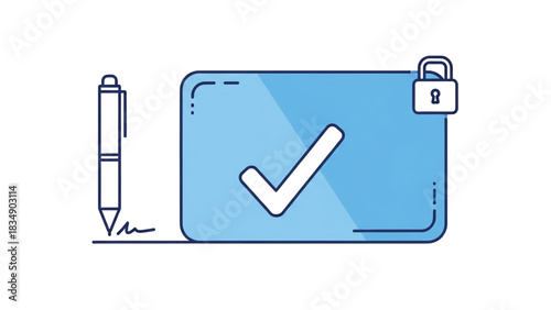 Digital document signing, secure online approval, and verified transaction process illustration, emphasizing data protection, security, and official confirmation concepts