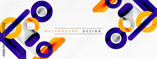 Abstract geometric shapes overlap, creating dynamic visual effect. Orange, purple, white colors dominate design. Minimalist style.