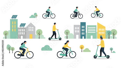 Eco-friendly urban mobility Diverse people cycle and ride electric scooters through a sustainable city with green buildings and solar panels, illustrating a modern, clean energy lifestyle