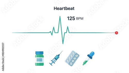 Digital representation of a fluctuating heart rhythm alongside essential healthcare tools and medications for general well-being and diagnostic insights