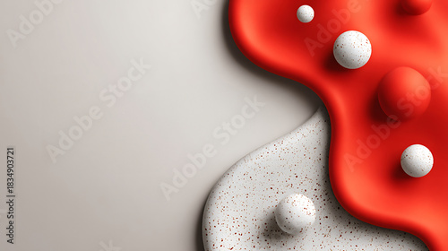Speckled spheres float over a flowing red fluid, creating a bold contrast against a soft gray background for a modern abstract composition, free space for banner design.