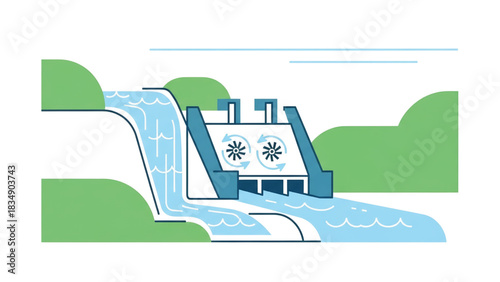 Hydroelectric power plant generating clean, renewable energy from a river dam, showcasing sustainable electricity production through water flow and modern engineering in a simple illustration