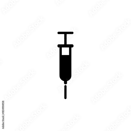 Minimal black syringe icon with fluid chamber and short needle in medical style