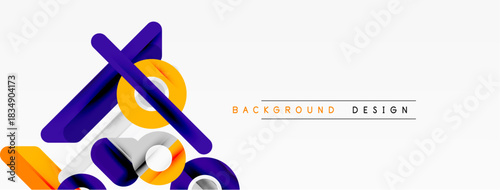 Abstract geometric shapes overlap, creating dynamic visual composition. Orange, purple hues dominate white background. Modern design element.