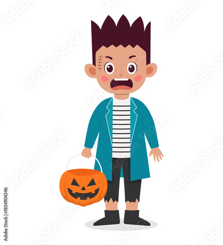A cartoon boy dressed as Frankenstein's monster for Halloween holds a carved pumpkin bucket.