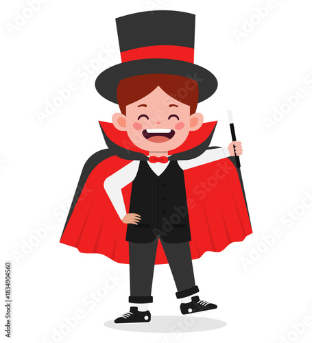 A cartoon boy dressed as a vampire wearing a cape and top hat holds a magic wand.