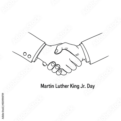 Line drawing of two hands shaking with text Martin Luther King Jr Day