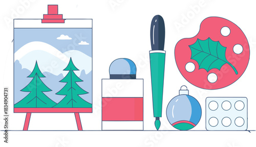 Holiday painting tools vector illustration easel paintbrush palette ornament
