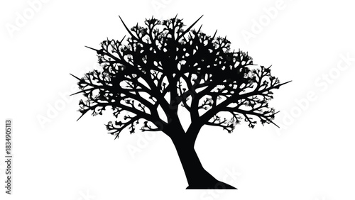 Silhouette of a stark, thorny tree against a white background, symbolizing resilience and protection.