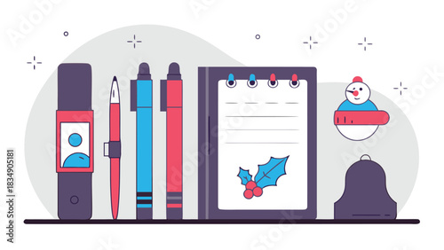 Holiday Planning Organizer Smartwatch Pens Notebook Snowman Bell Vector