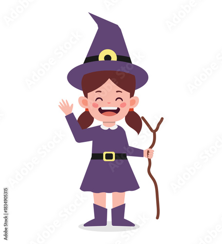 A cartoon girl in a purple witch costume waves with a wand in her hand.