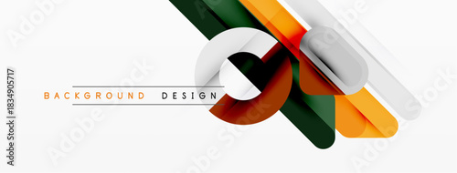 Abstract geometric shapes overlap, creating modern design. Orange, green, white colors dominate composition. Minimalist background present.