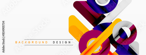 Abstract geometric shapes overlap, creating dynamic visual composition. Orange, purple, silver tones dominate white space. Modern design element.