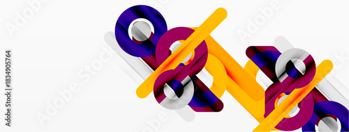 Abstract design features overlapping ribbons, vibrant colors, dynamic composition. Modern aesthetic, clean lines, geometric shapes present.