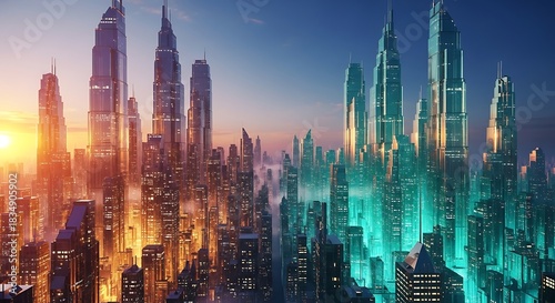 Futuristic City Skyline Split Between Sunset and Neon Night.