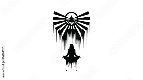Silhouette of a person meditating with abstract radiating light and dripping effect