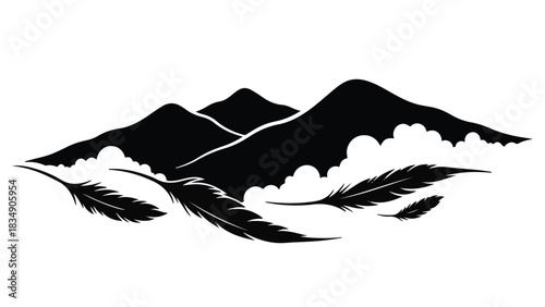 Serene mountains silhouetted against a cloudy sky with feathers drifting gently