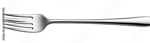 Polished, silver utensil for eating. Has four tines and a long, slender handle. Dining or cutlery essential